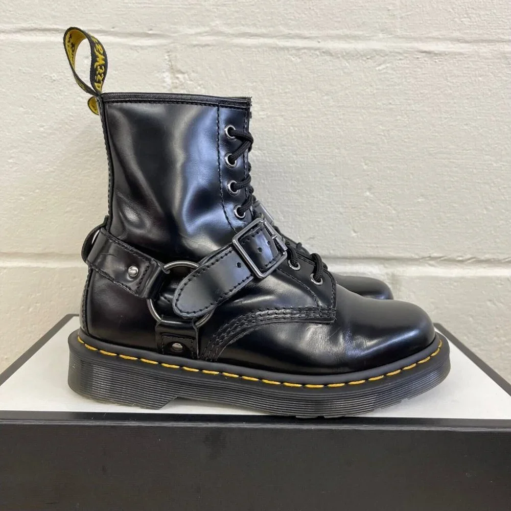 Dr. Martens 1460 Harness‎ Patent Black Leather Boots Men's Size 5/Womens US 6
